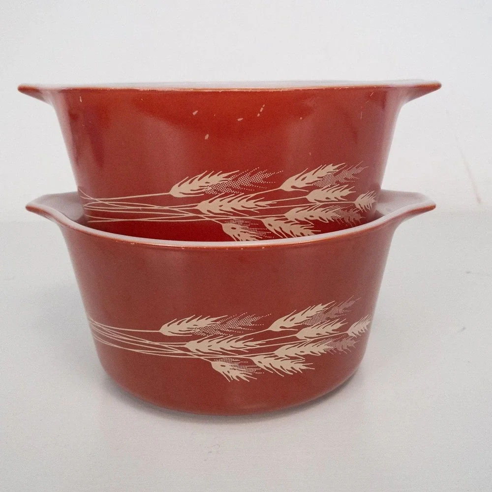 Pyrex Autumn Harvest Cinderella Mixing Bowls Set 2 Orange Wheat 441 1.5 Pt Glass